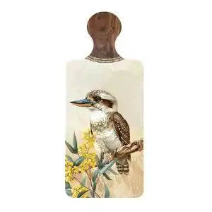 A rectangular wooden cutting board with rounded corners and a decorative handle, featuring a printed illustration of a kookaburra bird perched among yellow flowers on a light cream background.