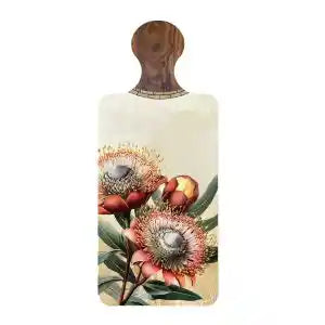 A rectangular wooden cutting board with a rounded handle, featuring a vintage botanical illustration of red and pink flowers with green leaves on a cream background.