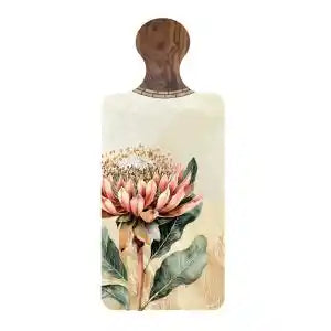 A rectangular wooden cutting board with a rounded top handle, featuring a vintage-style illustration of a pink and cream protea flower with green leaves on a light beige background.