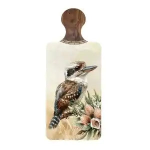A rectangular wooden cutting board with a rounded handle, featuring a vintage-style illustration of a kookaburra bird perched among flowers on the front.