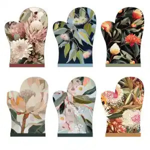 Six oven mitts arranged in a 2x3 grid, each featuring a different botanical and floral print including pink flowers, green leaves, and orange blossoms on dark and light backgrounds.