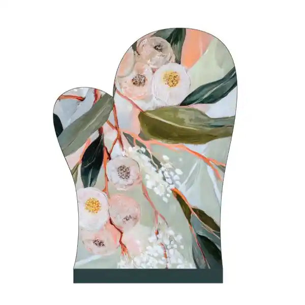 A single oven mitt with a botanical painting design featuring pink flowers, green leaves, and orange branches on a light background, isolated on a white backdrop.