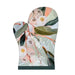 A single oven mitt with a botanical painting design featuring pink flowers, green leaves, and orange branches on a light background, isolated on a white backdrop.