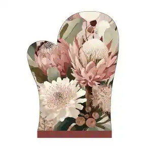 A single oven mitt featuring a botanical print of pink and white protea flowers with green leaves on a cream background, finished with a solid dusty rose bottom border.
