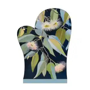 A single oven mitt featuring a botanical print of eucalyptus leaves and fluffy white flowers on a dark navy background, isolated on a white backdrop.