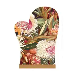 A single oven mitt with a dense botanical floral print featuring pink, white, orange, and green flowers and leaves on a dark background, with a solid brown wooden handle at the bottom, shown on a plain white background.