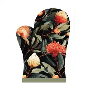 A single oven mitt with a botanical pattern featuring red, orange, and cream protea flowers and green leaves on a black background, isolated on a white backdrop.