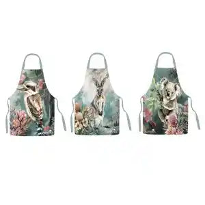 Three aprons displayed side by side, each featuring a different nature-themed illustration: a kookaburra on the left, a kangaroo in the center, and a koala on the right. The aprons have a muted, vintage watercolor style with green, gray, and pink tones.