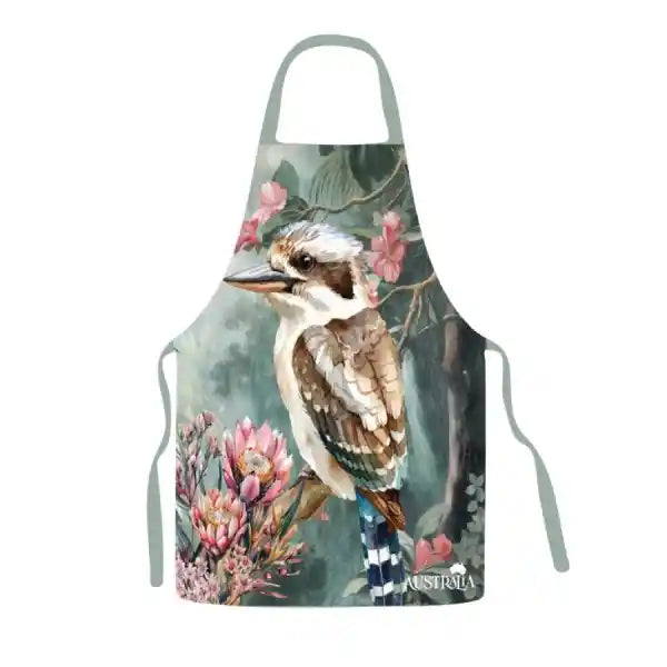A light gray fabric apron featuring a detailed watercolor-style print of a kookaburra perched among pink flowers and green leaves, with the word 'AUSTRALIA' printed near the lower right.