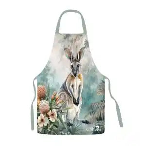 A white apron featuring a detailed watercolor-style print of a kangaroo surrounded by flowers and green foliage, with a neck loop and waist ties.