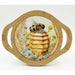A round bamboo serving platter with two side handles and a central printed illustration of a honeybee on a beehive surrounded by yellow and white flowers, shown on a white background.