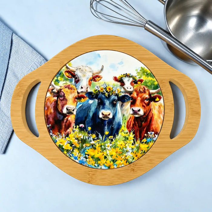 A round bamboo serving board with two side handles and a colorful printed illustration of four cows in a flower field, shown on a light blue surface with a whisk and metal bowl nearby.