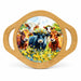 A round bamboo serving tray with two side handles and a colorful printed illustration of five cows in a flower field, shown on a white background.