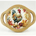A round decorative serving tray with a light natural wood rim and two side handles, featuring a printed illustration of a rooster surrounded by autumn leaves and berries on a cream background.