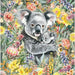 A detailed watercolor-style illustration of a gray koala holding a smaller koala, surrounded by dense colorful flowers and green leaves.