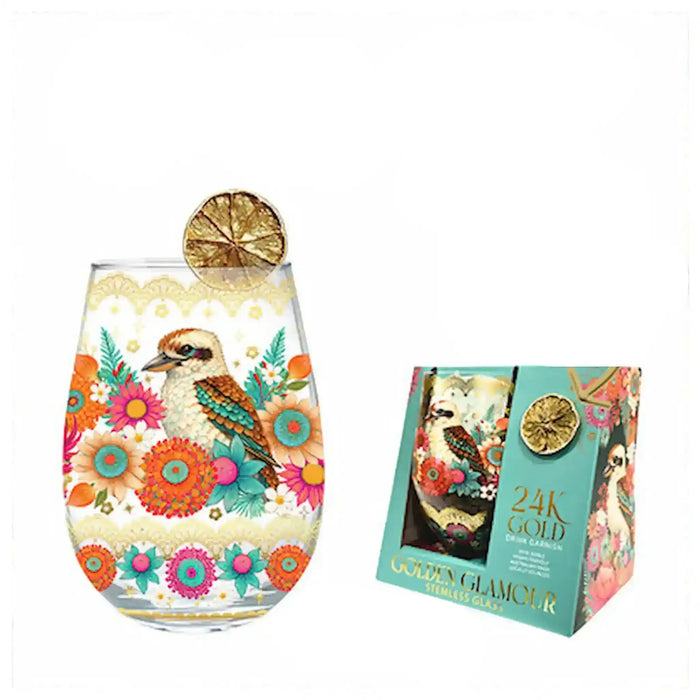 Brilliant Kookaburra stemless glass with a colorful kookaburra and floral design beside its matching gift box, finished with gold detailing.