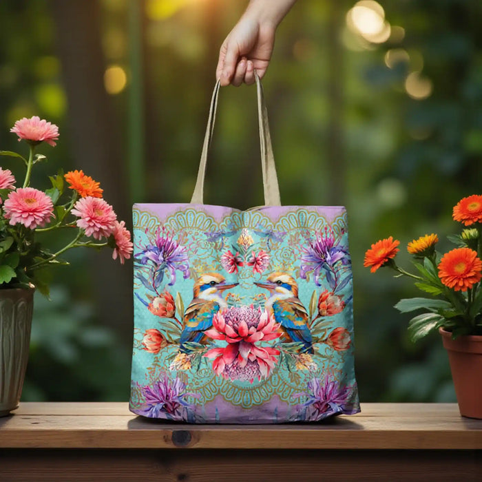 A tote bag with a colorful floral and bird print is held by a hand and placed on a wooden surface outdoors, flanked by potted flowers.
