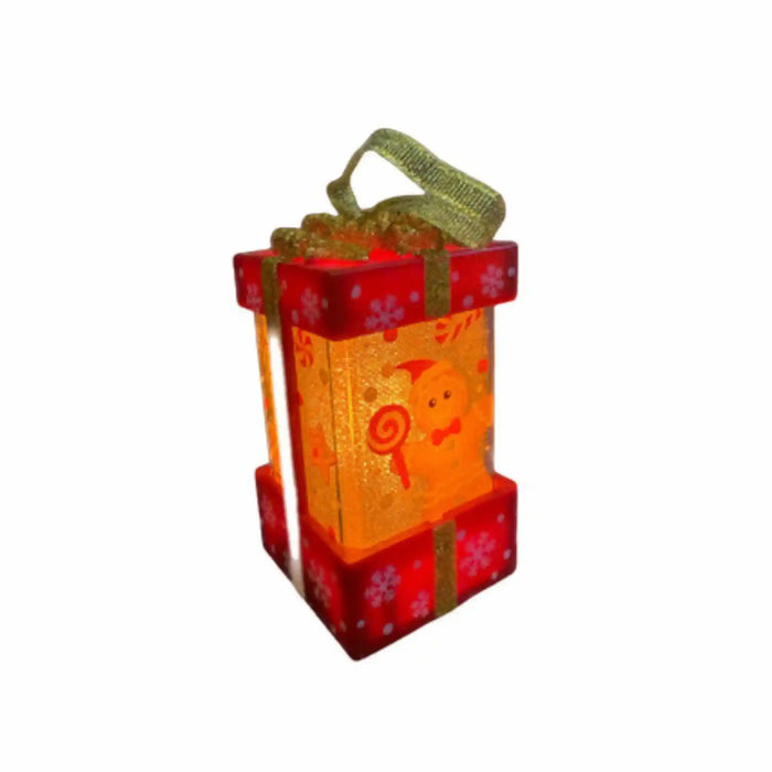 Red light-up Christmas gift box ornament with gingerbread man face and lollipop swirl