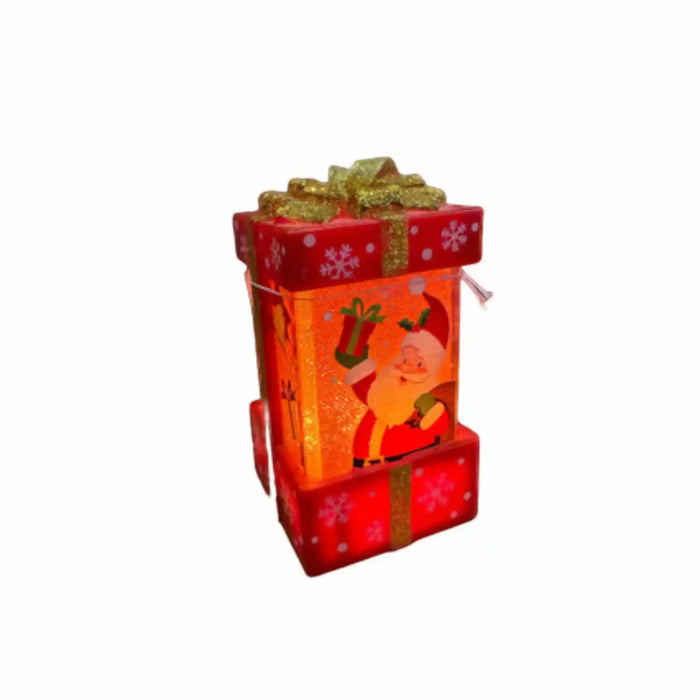 Red light-up Christmas gift box ornament with waving Santa and snowflake design 