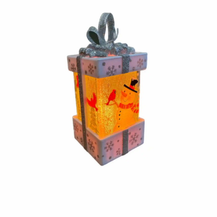 Silver light-up Christmas gift box ornament with snowman in top hat and two cardinal birds 