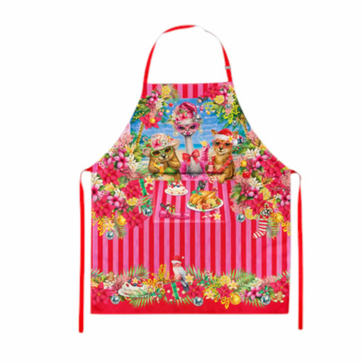 A pink apron with a festive cat-themed print, featuring two cats at a table surrounded by flowers, red and pink vertical stripes, and red neck and waist ties, shown against a plain white background.