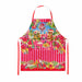 A pink apron with a festive cat-themed print, featuring two cats at a table surrounded by flowers, red and pink vertical stripes, and red neck and waist ties, shown against a plain white background.