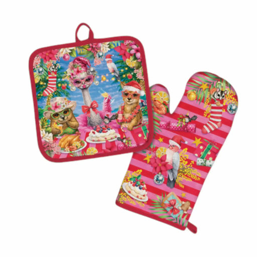 A matching kitchen set featuring a square pot holder and an oven mitt with a colorful Christmas-themed cartoon animal print on a white background.