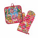 A matching kitchen set featuring a square pot holder and an oven mitt with a colorful Christmas-themed cartoon animal print on a white background.