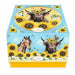 Lisa Pollock Country Collection gift box for the ceramic tea cup, decorated with a highland cow wearing a sunflower crown, a horse, roosters, sunflowers and daisies on a sky blue gingham background with a yellow base