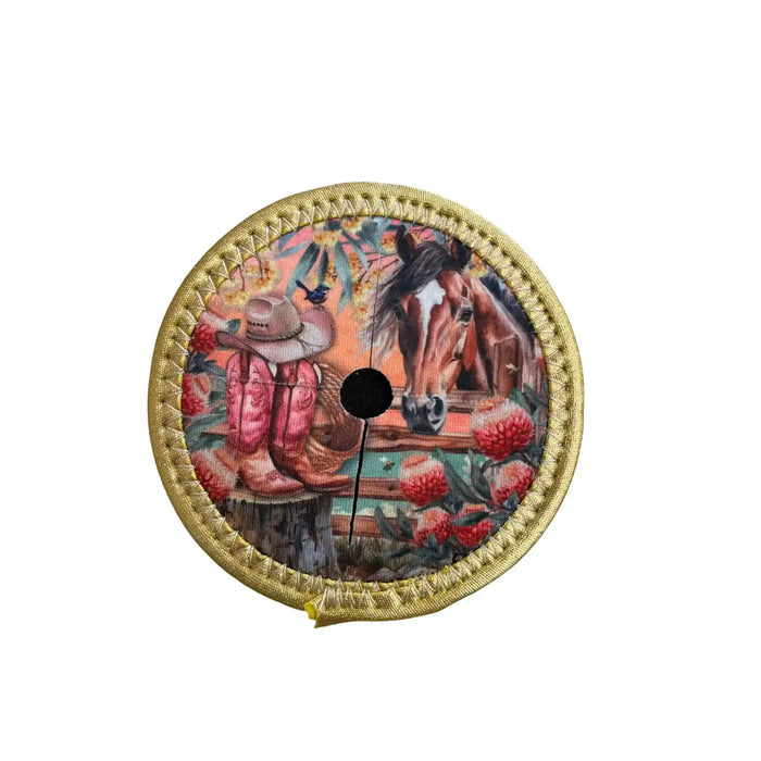 Lisa Pollock Country Dusk neoprene wine glass coaster with cowboy, horse and gold braided border