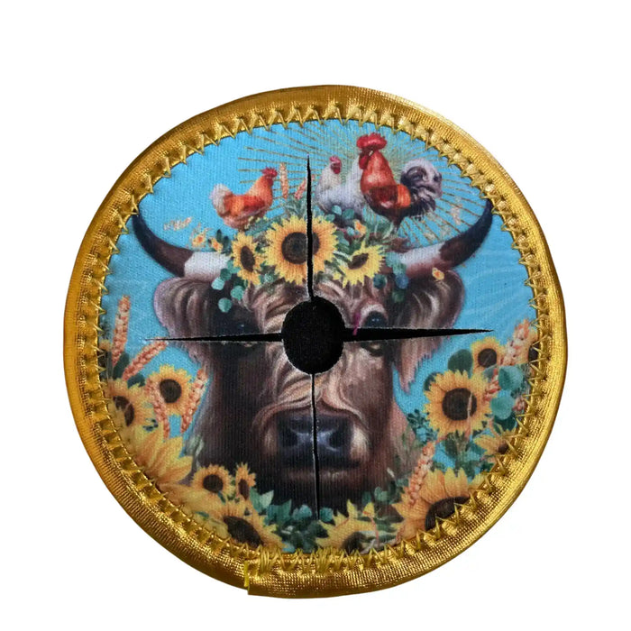 Lisa Pollock Sunny Highland neoprene wine glass coaster with cow, sunflowers and chickens