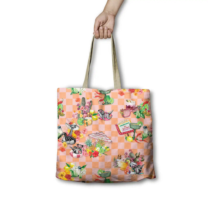 Margaritavilla canvas tote bag featuring koalas and quokkas at a cocktail party on a pink checkerboard background with limes, chillies and margarita glasses