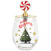 A clear stemless wine glass with a gold rim, decorated with a Christmas tree illustration, yellow stars, and the red text 'Merry Grinchmas!'. It has a gold and red candy cane-shaped stopper on a gold collar.