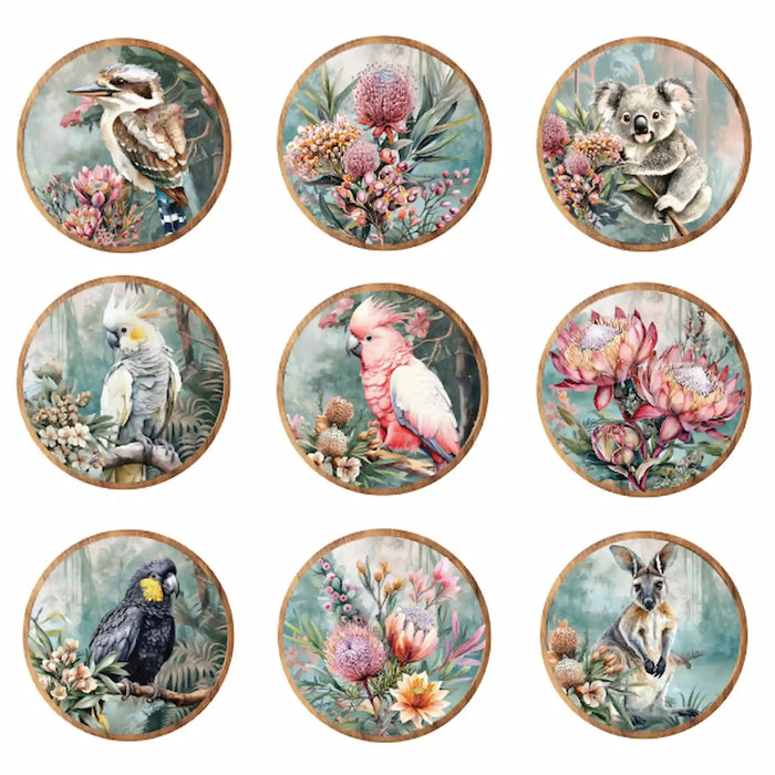 Midnight Australiana ceramic trivet set featuring Australian birds, native flowers and wildlife designs.