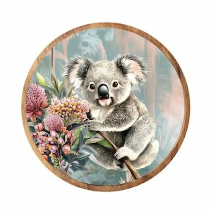 Midnight Australiana ceramic trivet featuring a koala among pink native flowers and eucalyptus foliage