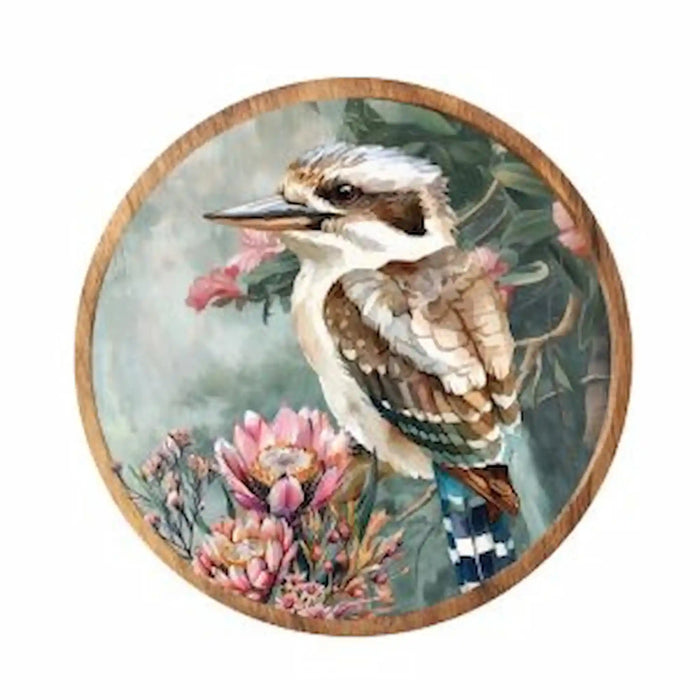 Midnight Australiana ceramic trivet featuring a kookaburra surrounded by pink native flowers.