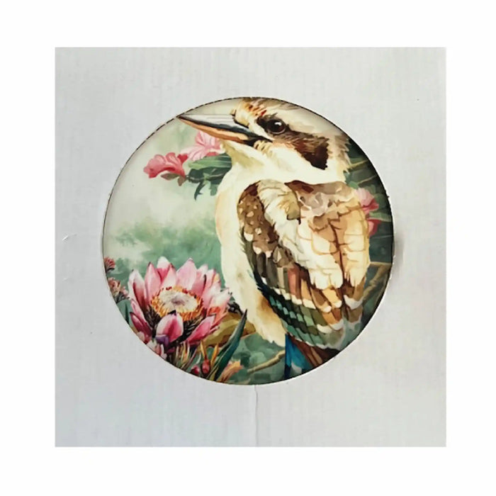 Midnight Australiana ceramic trivet featuring a kookaburra and pink native flowers, shown against a light background.
