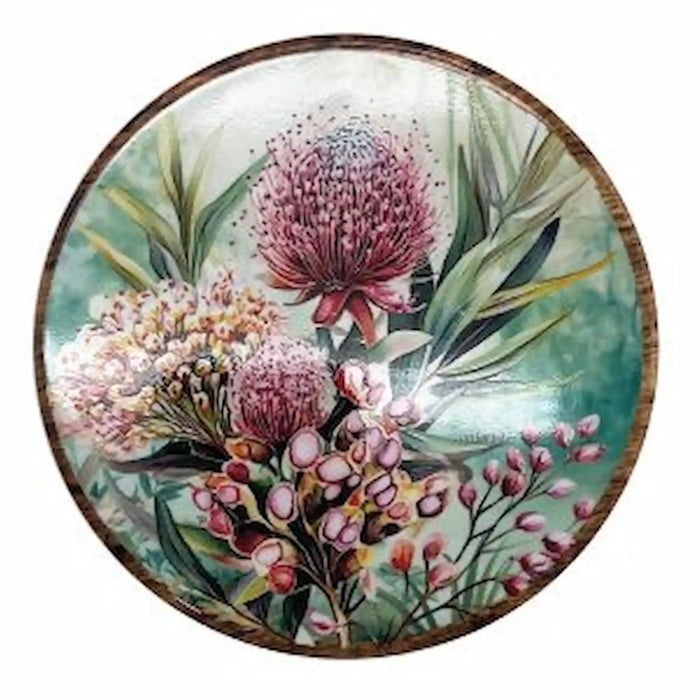 Midnight Australiana ceramic trivet featuring pink waratah, gum leaves and native berries.
