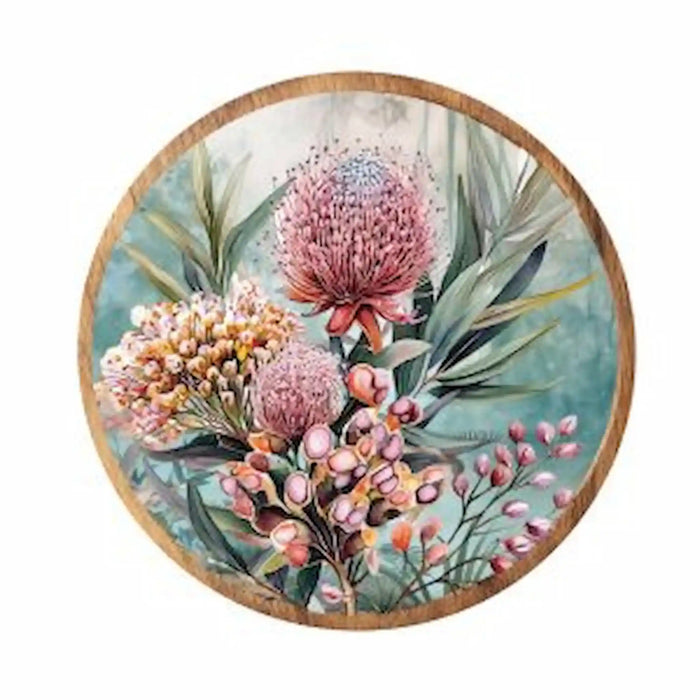Midnight Australiana ceramic trivet featuring pink waratah, gum leaves and native berries.