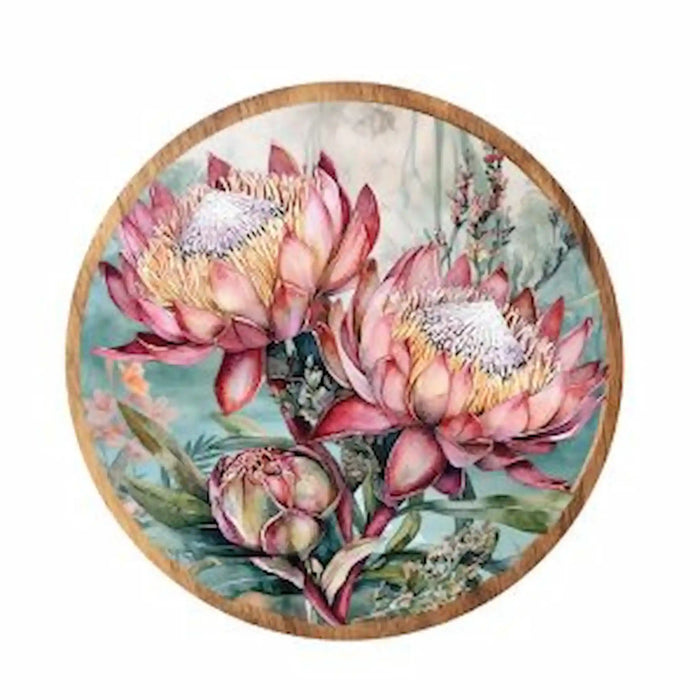 Midnight Australiana ceramic trivet featuring pink waratah flowers and green native foliage