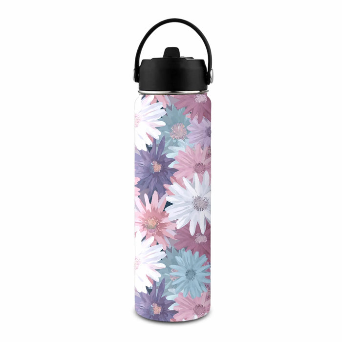 Floral-patterned water bottle with a black lid on a white background