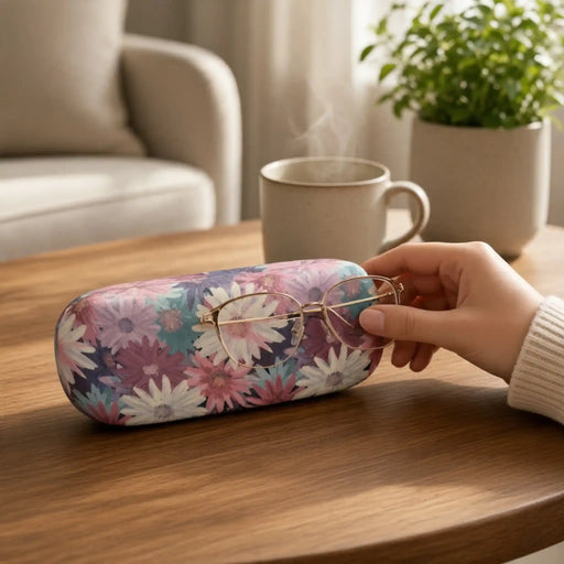 A floral-patterned hard case for eyeglasses sits on a wooden table, with a hand holding a pair of gold-framed glasses resting on top. A beige mug and a potted plant are blurred in the background.
