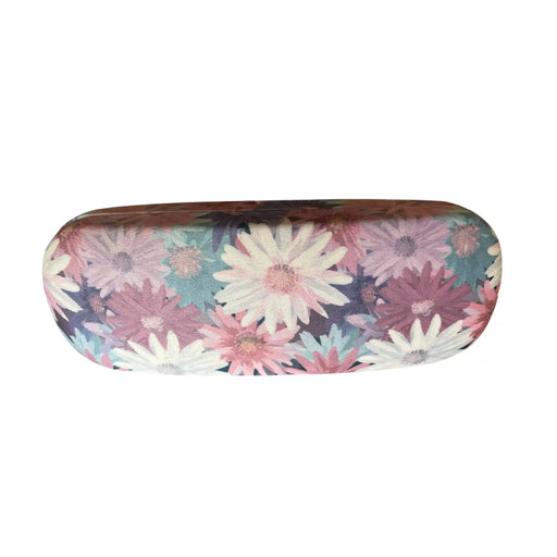 A hard-shell eyeglasses case featuring a dense floral print of daisy-like flowers in pink, white, and teal on a dark background, shown against a plain white studio background.