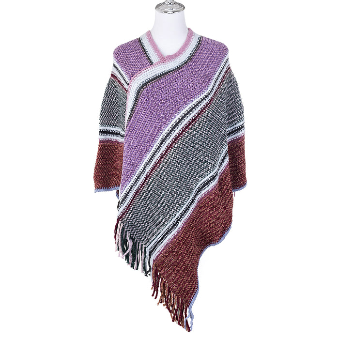 Knitted "Shades of Pink" Poncho with Stripes - Free Size