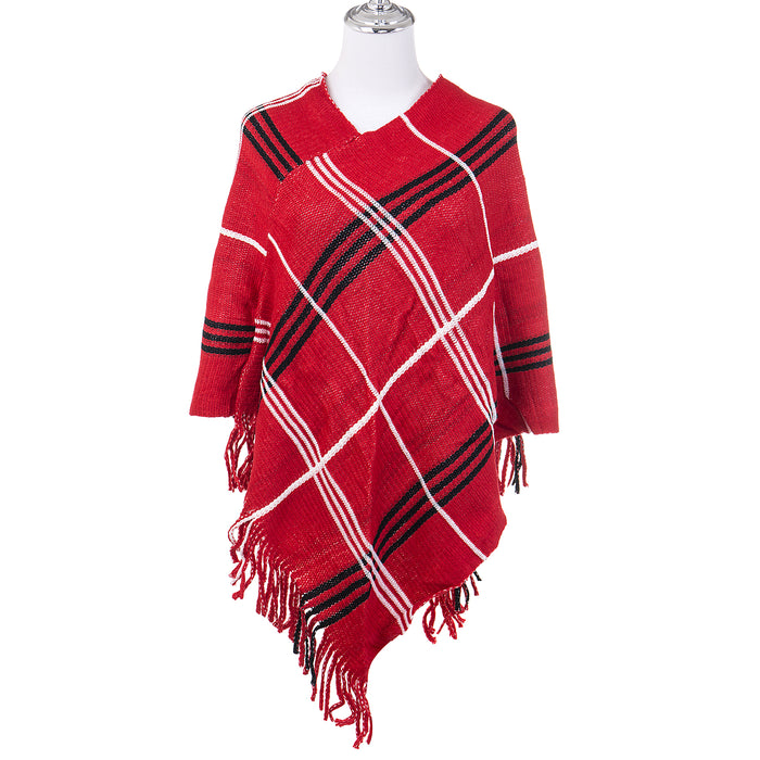 Red Poncho with Black and White Stripes - Free Size