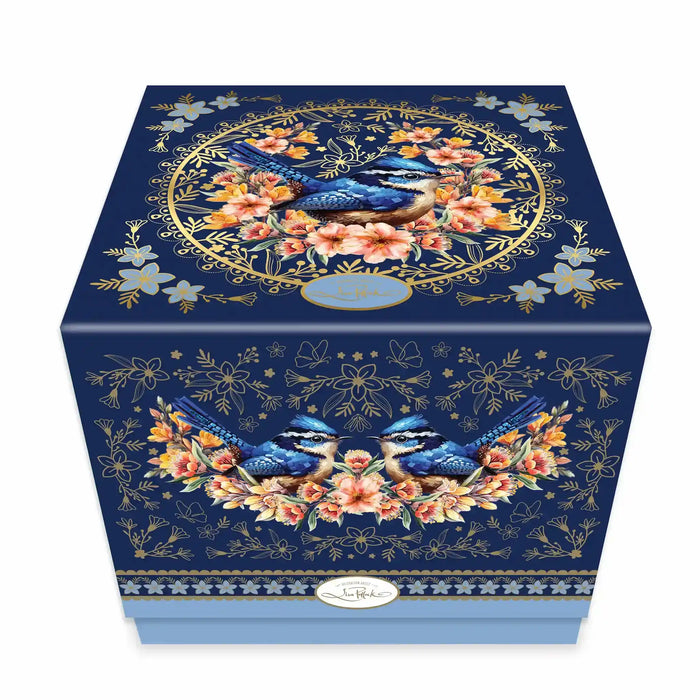 A square decorative gift box with a navy blue background and ornate gold floral and bird illustrations, shown on a clean white background.