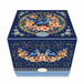 A square decorative gift box with a navy blue background and ornate gold floral and bird illustrations, shown on a clean white background.