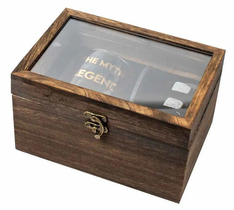 A rectangular dark brown wooden display box with a clear glass lid and a brass latch, shown on a plain white background.
