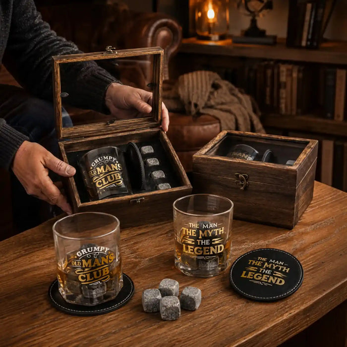 A whiskey gift set displayed on a wooden table in a cozy room setting. The set includes two clear engraved whiskey glasses with black and gold text reading 'CRUMPY'S THE MAN'S CLUB' and 'THE MAN THE MYTH THE LEGEND', two dark gray stone cubes, a round black coaster, and two wooden presentation boxes containing additional glasses.
