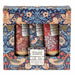 William Morris At Home Hand Cream Set in a decorative illustrated gift box. The set contains three hand creams with red, blue, and pink floral and bird patterns, displayed in a matching patterned box.